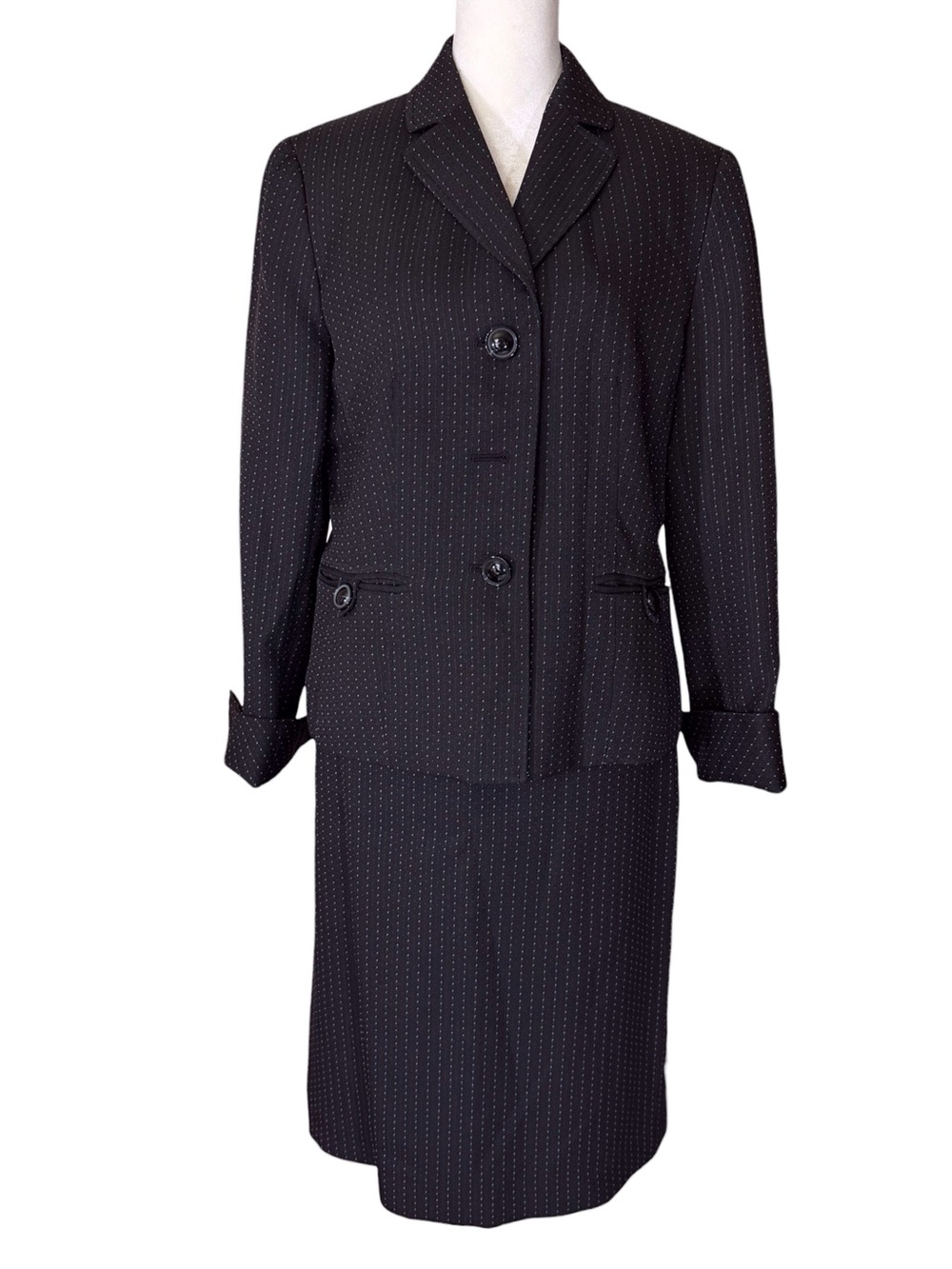 Evan-Picone Black Pin Dot 2 piece skirt suit w/blazer women’s 10 see description